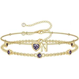 Turandoss Easter Gifts for Kids Teen Girls – 14K Gold Plated Initial Heart Charm Birthstone Bracelets Easter Basket Stuffers for Daughter Toddler Teens Her Mom Girlfriend Wife Jewelry Birthday Gifts(06-Lab Alexandrite-N)
