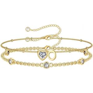 Turandoss Easter Gifts for Kids Teen Girls – 14K Gold Plated Initial Heart Charm Birthstone Bracelets Easter Basket Stuffers for Daughter Toddler Teens Her Mom Girlfriend Wife Jewelry Birthday Gifts(04-Lab White Topaz-O)