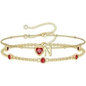 Turandoss Easter Gifts for Kids Teen Girls – 14K Gold Plated Initial Heart Charm Birthstone Bracelets Easter Basket Stuffers for Daughter Toddler Teens Her Mom Girlfriend Wife Jewelry Birthday Gifts(01-Lab Garnet-N)