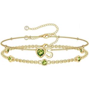 Turandoss Easter Gifts for Kids Teen Girls – 14K Gold Plated Initial Heart Charm Birthstone Bracelets Easter Basket Stuffers for Daughter Toddler Teens Her Mom Girlfriend Wife Jewelry Birthday Gifts(08-Lab Peridot-S)