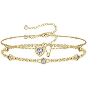 Turandoss Easter Gifts for Kids Teen Girls – 14K Gold Plated Initial Heart Charm Birthstone Bracelets Easter Basket Stuffers for Daughter Toddler Teens Her Mom Girlfriend Wife Jewelry Birthday Gifts(04-Lab White Topaz-V)