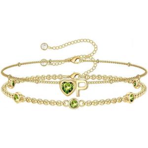 Turandoss Easter Gifts for Kids Teen Girls – 14K Gold Plated Initial Heart Charm Birthstone Bracelets Easter Basket Stuffers for Daughter Toddler Teens Her Mom Girlfriend Wife Jewelry Birthday Gifts(08-Lab Peridot-P)