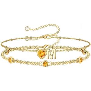 Turandoss Easter Gifts for Kids Teen Girls – 14K Gold Plated Initial Heart Charm Birthstone Bracelets Easter Basket Stuffers for Daughter Toddler Teens Her Mom Girlfriend Wife Jewelry Birthday Gifts(11-Lab Citrine-M)