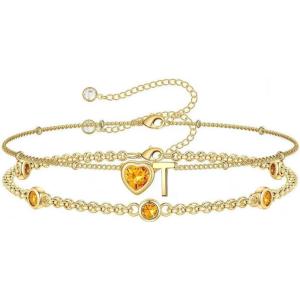 Turandoss Easter Gifts for Kids Teen Girls – 14K Gold Plated Initial Heart Charm Birthstone Bracelets Easter Basket Stuffers for Daughter Toddler Teens Her Mom Girlfriend Wife Jewelry Birthday Gifts(11-Lab Citrine-T)
