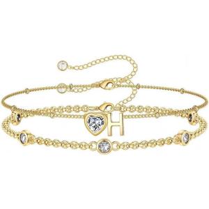Turandoss Easter Gifts for Kids Teen Girls – 14K Gold Plated Initial Heart Charm Birthstone Bracelets Easter Basket Stuffers for Daughter Toddler Teens Her Mom Girlfriend Wife Jewelry Birthday Gifts(05-Lab Emerald-H)