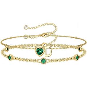 Turandoss Easter Gifts for Kids Teen Girls – 14K Gold Plated Initial Heart Charm Birthstone Bracelets Easter Basket Stuffers for Daughter Toddler Teens Her Mom Girlfriend Wife Jewelry Birthday Gifts(05-Lab Emerald-D)