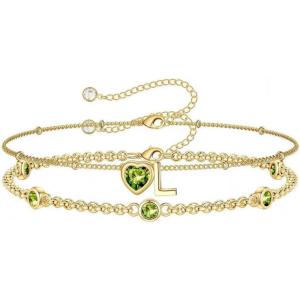 Turandoss Easter Gifts for Kids Teen Girls – 14K Gold Plated Initial Heart Charm Birthstone Bracelets Easter Basket Stuffers for Daughter Toddler Teens Her Mom Girlfriend Wife Jewelry Birthday Gifts(08-Lab Peridot-L)