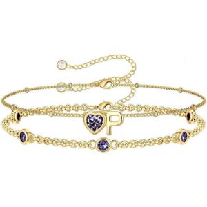 Turandoss Easter Gifts for Kids Teen Girls – 14K Gold Plated Initial Heart Charm Birthstone Bracelets Easter Basket Stuffers for Daughter Toddler Teens Her Mom Girlfriend Wife Jewelry Birthday Gifts(06-Lab Alexandrite-P)