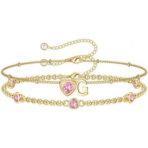 Turandoss Easter Gifts for Kids Teen Girls – 14K Gold Plated Initial Heart Charm Birthstone Bracelets Easter Basket Stuffers for Daughter Toddler Teens Her Mom Girlfriend Wife Jewelry Birthday Gifts(10-Lab Pink Tourmaline-G)