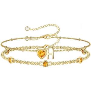 Turandoss Easter Gifts for Kids Teen Girls – 14K Gold Plated Initial Heart Charm Birthstone Bracelets Easter Basket Stuffers for Daughter Toddler Teens Her Mom Girlfriend Wife Jewelry Birthday Gifts(11-Lab Citrine-H)