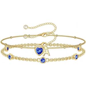 Turandoss Easter Gifts for Kids Teen Girls – 14K Gold Plated Initial Heart Charm Birthstone Bracelets Easter Basket Stuffers for Daughter Toddler Teens Her Mom Girlfriend Wife Jewelry Birthday Gifts(09-Lab Sapphire-A.)