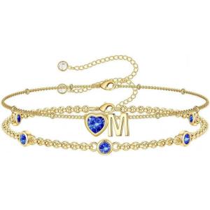 Turandoss Easter Gifts for Kids Teen Girls – 14K Gold Plated Initial Heart Charm Birthstone Bracelets Easter Basket Stuffers for Daughter Toddler Teens Her Mom Girlfriend Wife Jewelry Birthday Gifts(09-Lab Sapphire-M)