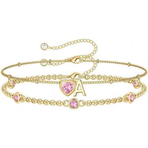 Turandoss Easter Gifts for Kids Teen Girls – 14K Gold Plated Initial Heart Charm Birthstone Bracelets Easter Basket Stuffers for Daughter Toddler Teens Her Mom Girlfriend Wife Jewelry Birthday Gifts(10-Lab Pink Tourmaline-A.)