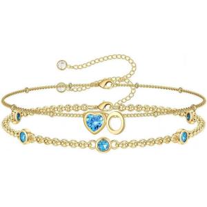Turandoss Easter Gifts for Kids Teen Girls – 14K Gold Plated Initial Heart Charm Birthstone Bracelets Easter Basket Stuffers for Daughter Toddler Teens Her Mom Girlfriend Wife Jewelry Birthday Gifts(03-Lab Aquamarine-O)