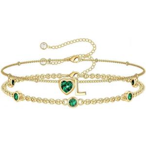 Turandoss Easter Gifts for Kids Teen Girls – 14K Gold Plated Initial Heart Charm Birthstone Bracelets Easter Basket Stuffers for Daughter Toddler Teens Her Mom Girlfriend Wife Jewelry Birthday Gifts(05-Lab Emerald-L)