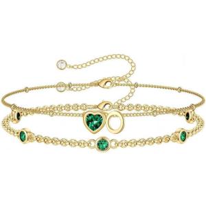 Turandoss Easter Gifts for Kids Teen Girls – 14K Gold Plated Initial Heart Charm Birthstone Bracelets Easter Basket Stuffers for Daughter Toddler Teens Her Mom Girlfriend Wife Jewelry Birthday Gifts(05-Lab Emerald-O)