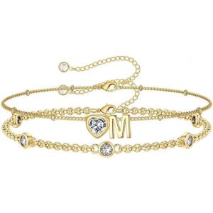 Turandoss Easter Gifts for Kids Teen Girls – 14K Gold Plated Initial Heart Charm Birthstone Bracelets Easter Basket Stuffers for Daughter Toddler Teens Her Mom Girlfriend Wife Jewelry Birthday Gifts(05-Lab Emerald-M)