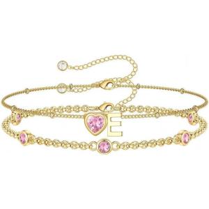 Turandoss Easter Gifts for Kids Teen Girls – 14K Gold Plated Initial Heart Charm Birthstone Bracelets Easter Basket Stuffers for Daughter Toddler Teens Her Mom Girlfriend Wife Jewelry Birthday Gifts(10-Lab Pink Tourmaline-E)