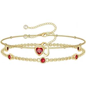 Turandoss Easter Gifts for Kids Teen Girls – 14K Gold Plated Initial Heart Charm Birthstone Bracelets Easter Basket Stuffers for Daughter Toddler Teens Her Mom Girlfriend Wife Jewelry Birthday Gifts(01-Lab Garnet-J)