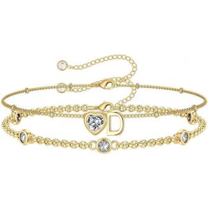 Turandoss Easter Gifts for Kids Teen Girls – 14K Gold Plated Initial Heart Charm Birthstone Bracelets Easter Basket Stuffers for Daughter Toddler Teens Her Mom Girlfriend Wife Jewelry Birthday Gifts(04-Lab White Topaz-D)