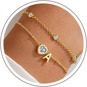 Turandoss Easter Gifts for Kids Teen Girls – 14K Gold Plated Initial Heart Charm Birthstone Bracelets Easter Basket Stuffers for Daughter Toddler Teens Her Mom Girlfriend Wife Jewelry Birthday Gifts(04-Lab White Topaz-A.)
