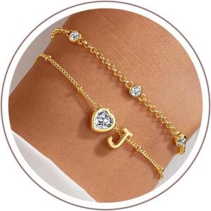 Turandoss Easter Gifts for Kids Teen Girls – 14K Gold Plated Initial Heart Charm Birthstone Bracelets Easter Basket Stuffers for Daughter Toddler Teens Her Mom Girlfriend Wife Jewelry Birthday Gifts(04-Lab White Topaz-J)