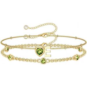 Turandoss Easter Gifts for Kids Teen Girls – 14K Gold Plated Initial Heart Charm Birthstone Bracelets Easter Basket Stuffers for Daughter Toddler Teens Her Mom Girlfriend Wife Jewelry Birthday Gifts(08-Lab Peridot-E)
