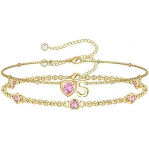 Turandoss Easter Gifts for Kids Teen Girls – 14K Gold Plated Initial Heart Charm Birthstone Bracelets Easter Basket Stuffers for Daughter Toddler Teens Her Mom Girlfriend Wife Jewelry Birthday Gifts(10-Lab Pink Tourmaline-S)