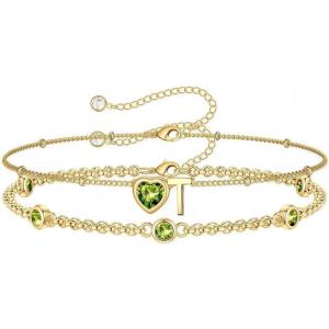Turandoss Easter Gifts for Kids Teen Girls – 14K Gold Plated Initial Heart Charm Birthstone Bracelets Easter Basket Stuffers for Daughter Toddler Teens Her Mom Girlfriend Wife Jewelry Birthday Gifts(08-Lab Peridot-T)