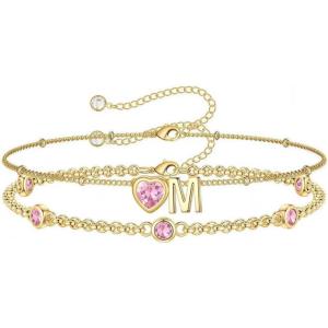 Turandoss Easter Gifts for Kids Teen Girls – 14K Gold Plated Initial Heart Charm Birthstone Bracelets Easter Basket Stuffers for Daughter Toddler Teens Her Mom Girlfriend Wife Jewelry Birthday Gifts(10-Lab Pink Tourmaline-M)