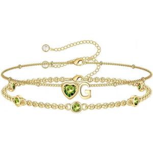 Turandoss Easter Gifts for Kids Teen Girls – 14K Gold Plated Initial Heart Charm Birthstone Bracelets Easter Basket Stuffers for Daughter Toddler Teens Her Mom Girlfriend Wife Jewelry Birthday Gifts(08-Lab Peridot-G)