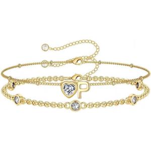 Turandoss Easter Gifts for Kids Teen Girls – 14K Gold Plated Initial Heart Charm Birthstone Bracelets Easter Basket Stuffers for Daughter Toddler Teens Her Mom Girlfriend Wife Jewelry Birthday Gifts(04-Lab White Topaz-P)
