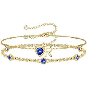 Turandoss Easter Gifts for Kids Teen Girls – 14K Gold Plated Initial Heart Charm Birthstone Bracelets Easter Basket Stuffers for Daughter Toddler Teens Her Mom Girlfriend Wife Jewelry Birthday Gifts(09-Lab Sapphire-R)