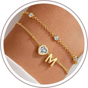 Turandoss Easter Gifts for Kids Teen Girls – 14K Gold Plated Initial Heart Charm Birthstone Bracelets Easter Basket Stuffers for Daughter Toddler Teens Her Mom Girlfriend Wife Jewelry Birthday Gifts(04-Lab White Topaz-M)