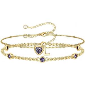 Turandoss Easter Gifts for Kids Teen Girls – 14K Gold Plated Initial Heart Charm Birthstone Bracelets Easter Basket Stuffers for Daughter Toddler Teens Her Mom Girlfriend Wife Jewelry Birthday Gifts(06-Lab Alexandrite-L)