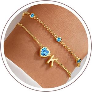 Turandoss Easter Gifts for Kids Teen Girls – 14K Gold Plated Initial Heart Charm Birthstone Bracelets Easter Basket Stuffers for Daughter Toddler Teens Her Mom Girlfriend Wife Jewelry Birthday Gifts(03-Lab Aquamarine-K)