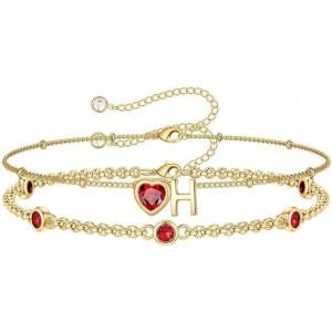 Turandoss Easter Gifts for Kids Teen Girls – 14K Gold Plated Initial Heart Charm Birthstone Bracelets Easter Basket Stuffers for Daughter Toddler Teens Her Mom Girlfriend Wife Jewelry Birthday Gifts(01-Lab Garnet-H)