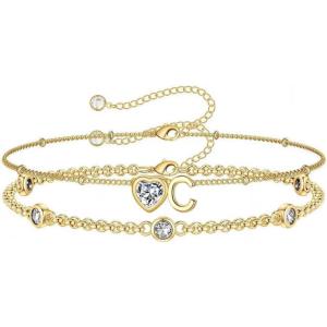 Turandoss Easter Gifts for Kids Teen Girls – 14K Gold Plated Initial Heart Charm Birthstone Bracelets Easter Basket Stuffers for Daughter Toddler Teens Her Mom Girlfriend Wife Jewelry Birthday Gifts(04-Lab White Topaz-C)