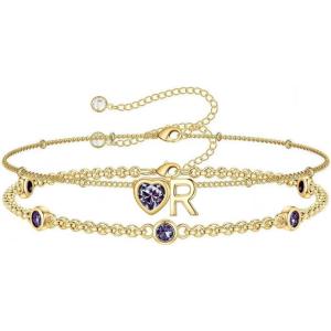 Turandoss Easter Gifts for Kids Teen Girls – 14K Gold Plated Initial Heart Charm Birthstone Bracelets Easter Basket Stuffers for Daughter Toddler Teens Her Mom Girlfriend Wife Jewelry Birthday Gifts(06-Lab Alexandrite-R)