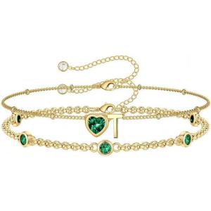 Turandoss Easter Gifts for Kids Teen Girls – 14K Gold Plated Initial Heart Charm Birthstone Bracelets Easter Basket Stuffers for Daughter Toddler Teens Her Mom Girlfriend Wife Jewelry Birthday Gifts(05-Lab Emerald-T)