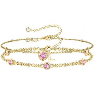 Turandoss Easter Gifts for Kids Teen Girls – 14K Gold Plated Initial Heart Charm Birthstone Bracelets Easter Basket Stuffers for Daughter Toddler Teens Her Mom Girlfriend Wife Jewelry Birthday Gifts(10-Lab Pink Tourmaline-L)