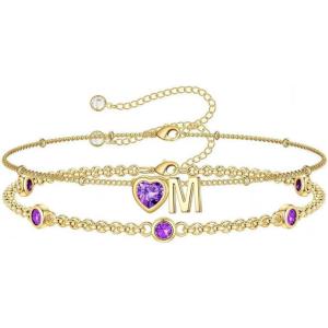 Turandoss Easter Gifts for Kids Teen Girls – 14K Gold Plated Initial Heart Charm Birthstone Bracelets Easter Basket Stuffers for Daughter Toddler Teens Her Mom Girlfriend Wife Jewelry Birthday Gifts(02-Lab Amethyst-M)