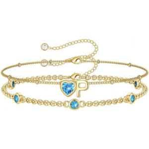 Turandoss Easter Gifts for Kids Teen Girls – 14K Gold Plated Initial Heart Charm Birthstone Bracelets Easter Basket Stuffers for Daughter Toddler Teens Her Mom Girlfriend Wife Jewelry Birthday Gifts(03-Lab Aquamarine-P)