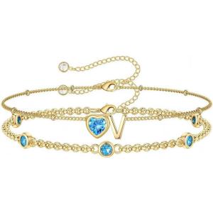 Turandoss Easter Gifts for Kids Teen Girls – 14K Gold Plated Initial Heart Charm Birthstone Bracelets Easter Basket Stuffers for Daughter Toddler Teens Her Mom Girlfriend Wife Jewelry Birthday Gifts(03-Lab Aquamarine-V)