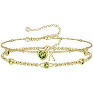 Turandoss Easter Gifts for Kids Teen Girls – 14K Gold Plated Initial Heart Charm Birthstone Bracelets Easter Basket Stuffers for Daughter Toddler Teens Her Mom Girlfriend Wife Jewelry Birthday Gifts(08-Lab Peridot-K)