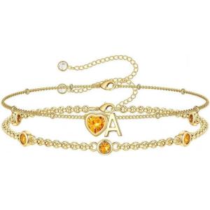 Turandoss Easter Gifts for Kids Teen Girls – 14K Gold Plated Initial Heart Charm Birthstone Bracelets Easter Basket Stuffers for Daughter Toddler Teens Her Mom Girlfriend Wife Jewelry Birthday Gifts(01-Lab Garnet-B)