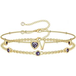 Turandoss Easter Gifts for Kids Teen Girls – 14K Gold Plated Initial Heart Charm Birthstone Bracelets Easter Basket Stuffers for Daughter Toddler Teens Her Mom Girlfriend Wife Jewelry Birthday Gifts(08-Lab Peridot-V)