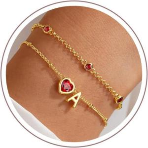 Turandoss Easter Gifts for Kids Teen Girls – 14K Gold Plated Initial Heart Charm Birthstone Bracelets Easter Basket Stuffers for Daughter Toddler Teens Her Mom Girlfriend Wife Jewelry Birthday Gifts(01-Lab Garnet-A)