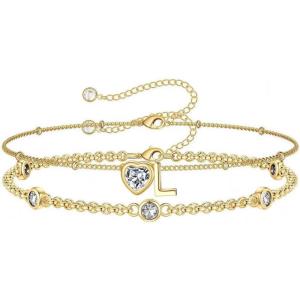 Turandoss Easter Gifts for Kids Teen Girls – 14K Gold Plated Initial Heart Charm Birthstone Bracelets Easter Basket Stuffers for Daughter Toddler Teens Her Mom Girlfriend Wife Jewelry Birthday Gifts(04-Lab White Topaz-L)