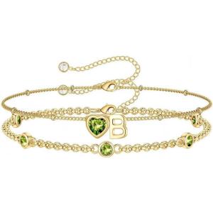 Turandoss Easter Gifts for Kids Teen Girls – 14K Gold Plated Initial Heart Charm Birthstone Bracelets Easter Basket Stuffers for Daughter Toddler Teens Her Mom Girlfriend Wife Jewelry Birthday Gifts(08-Lab Peridot-B)